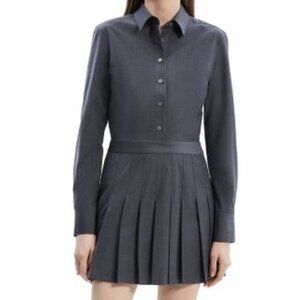 Theory Pleated Wool Suiting Long-Sleeve Mini Shirtdress
